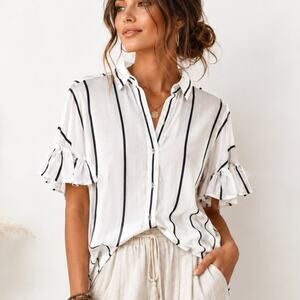 Volcom Stone Row Cheap Frillz Top Womens Size M Irovy Black Striped Boho Coastal